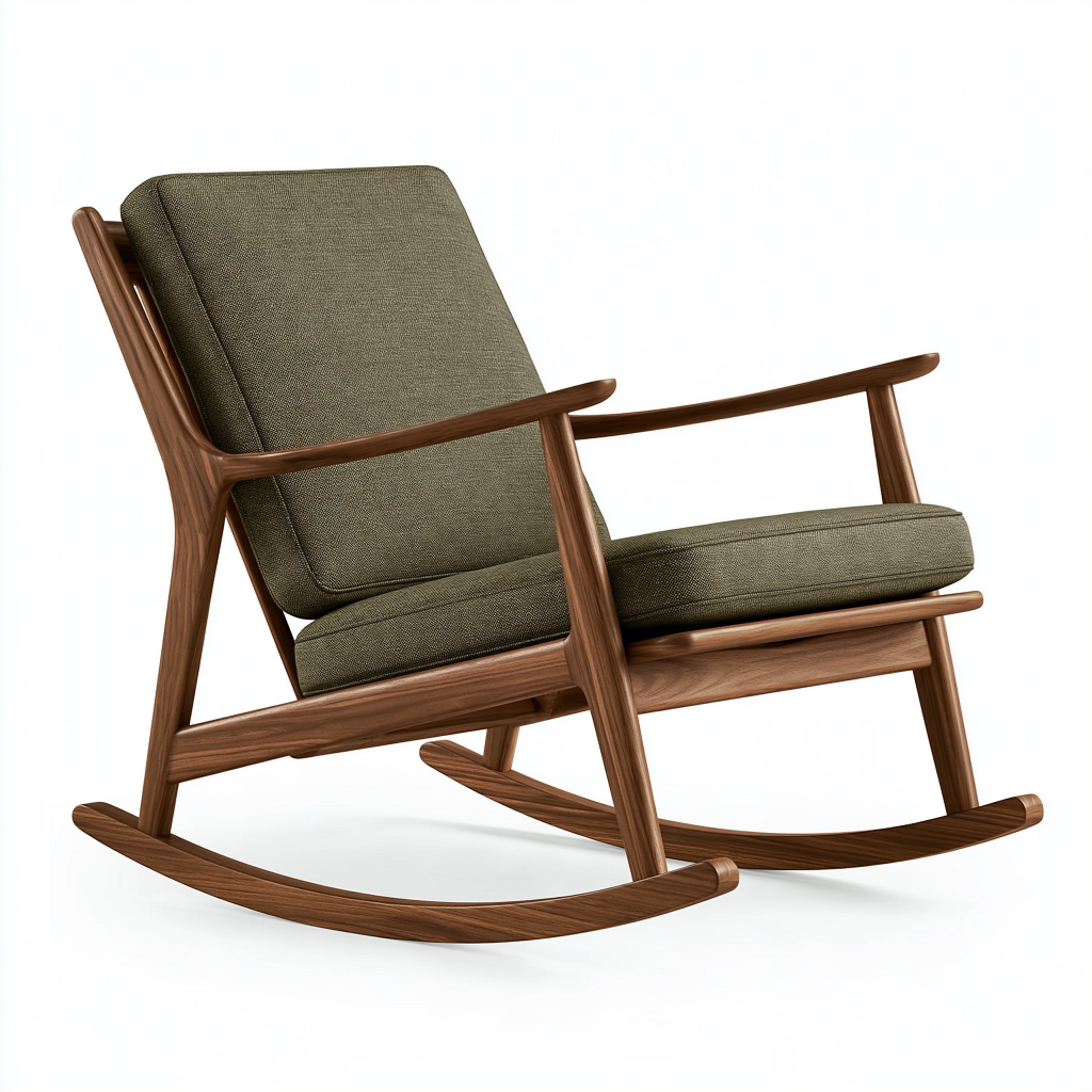 Fauteuil à bascule 70 x 95 x 98 cm en bois brun et tissu vert style scandinave
