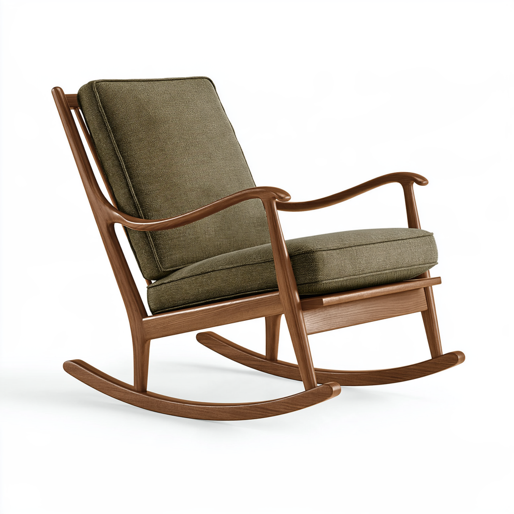 Fauteuil à bascule 70 x 95 x 100 cm en bois et tissu vert olive style scandinave