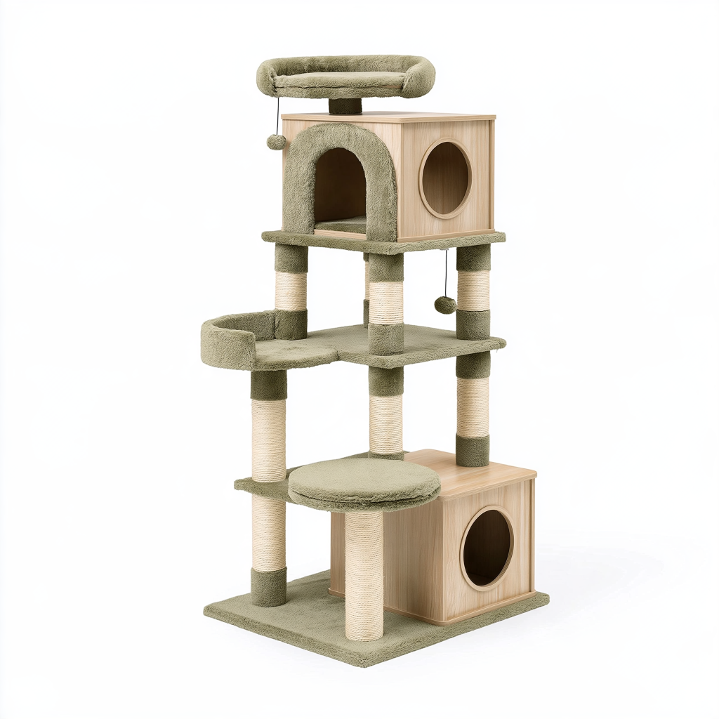 Arbre à chat 60 x 50 x 170 cm en bois et sisal vert avec niches et plateformes