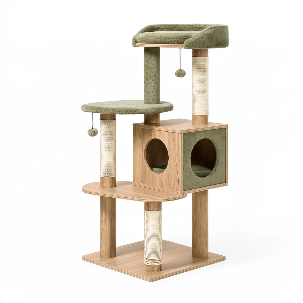 Arbre à chat 60 x 60 x 150 cm en panneaux aspect bois vert avec sisal et niche - aire de repos à plusieurs niveaux