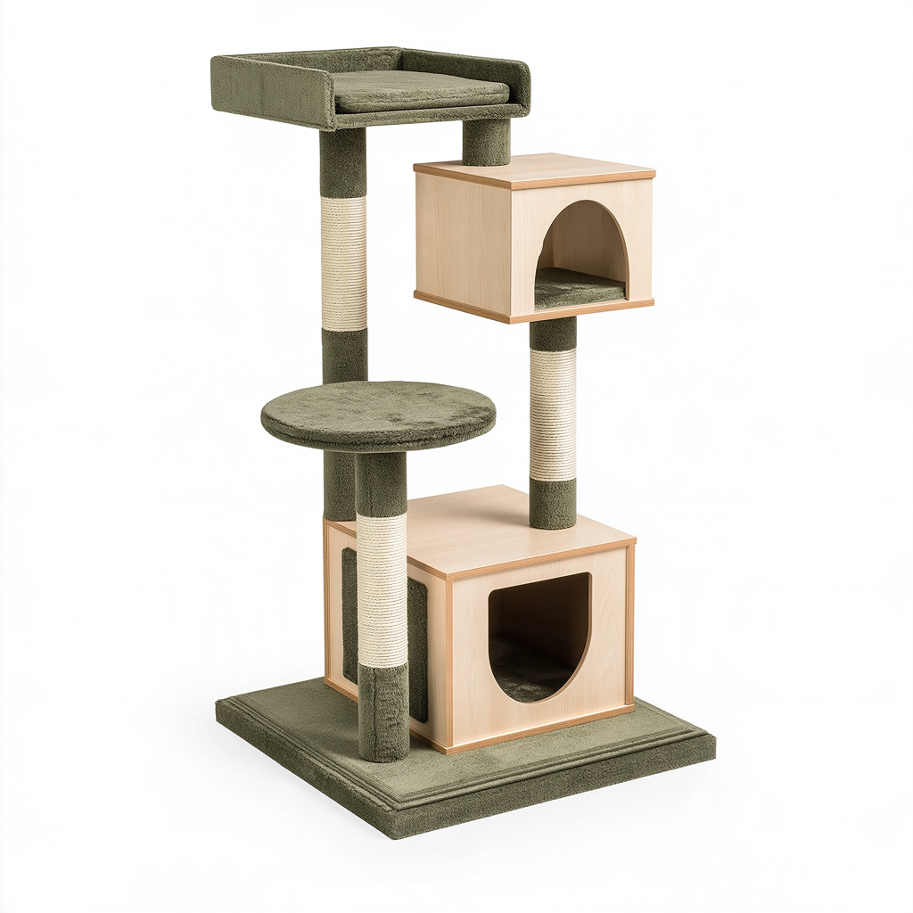 Arbre à chat 60 x 60 x 145 cm en bois et sisal vert kaki avec niches et plateformes