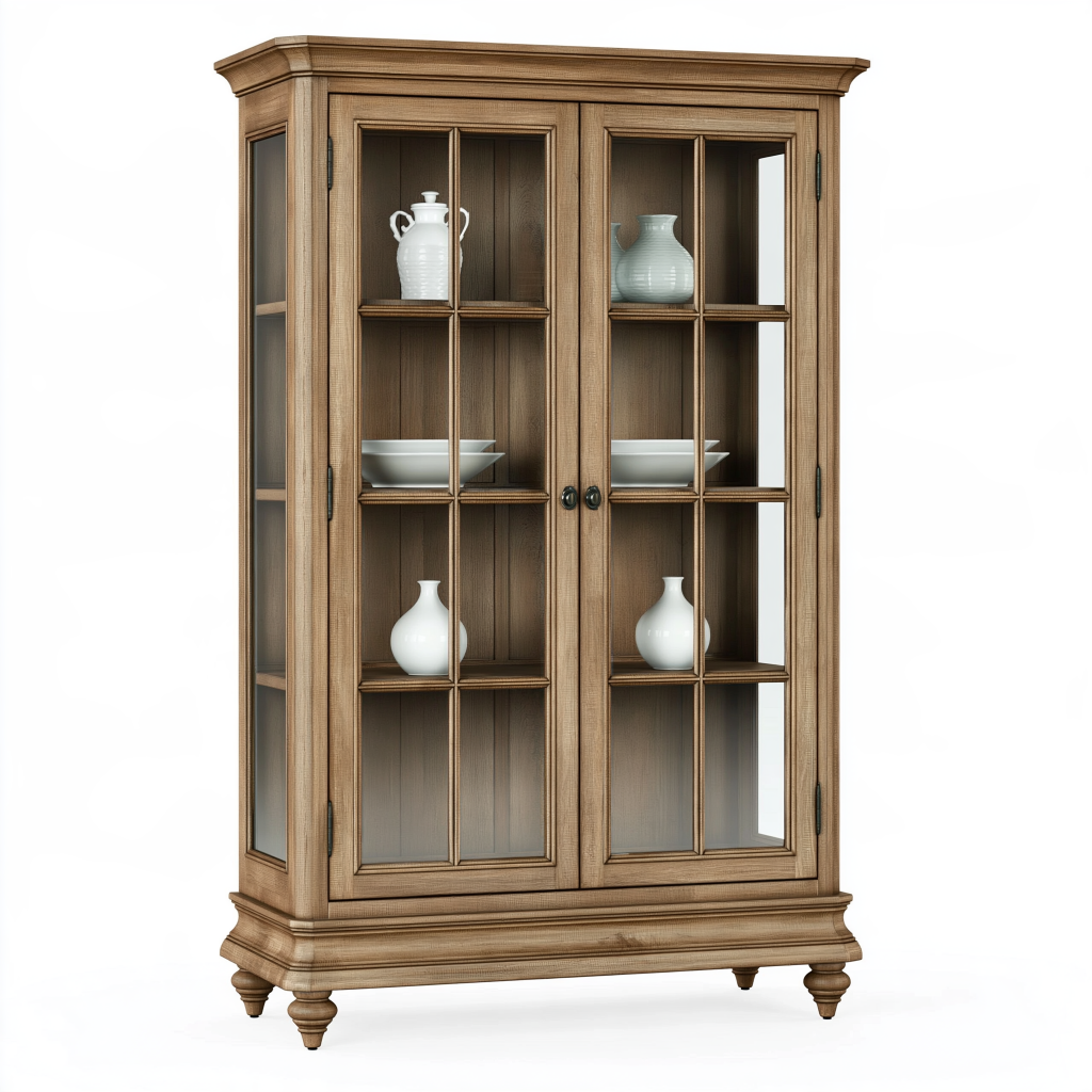Vitrine 110 x 45 x 190 cm en bois marron avec portes vitrées style classique