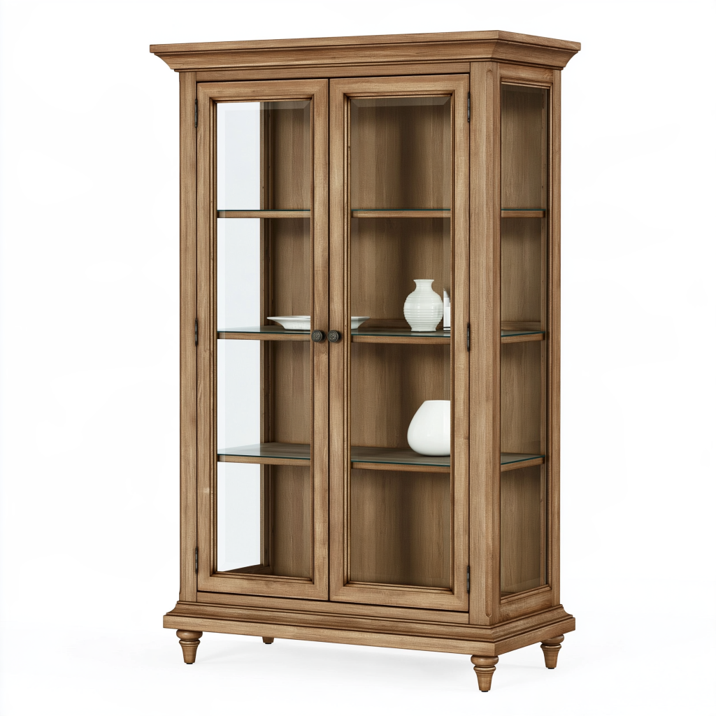 Vitrine 100 x 40 x 180 cm en bois marron avec portes vitrées style classique