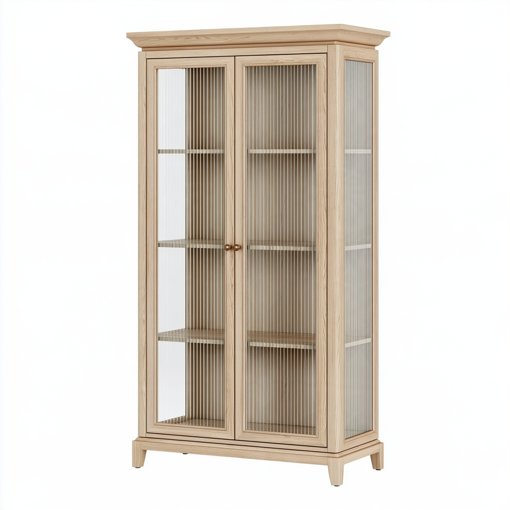 Vitrine 90 x 40 x 180 cm aspect chêne clair portes en verre strié rangement classique