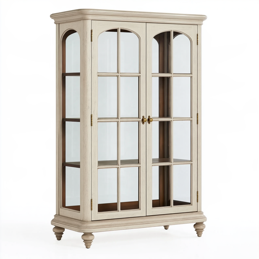Vitrine 105 x 45 x 180 cm en bois beige avec portes vitrées style classique