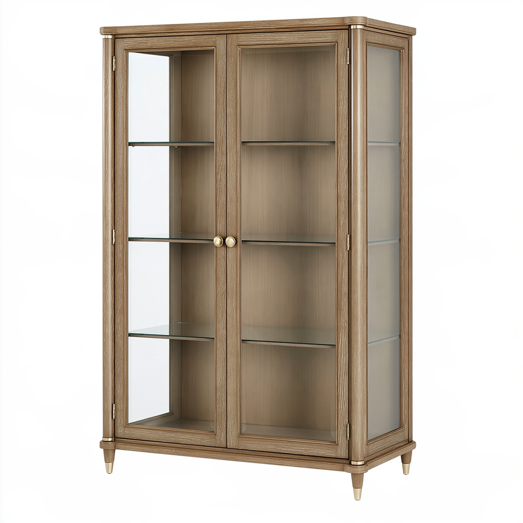 Vitrine 90 x 40 x 180 cm en bois brun avec portes vitrées style classique