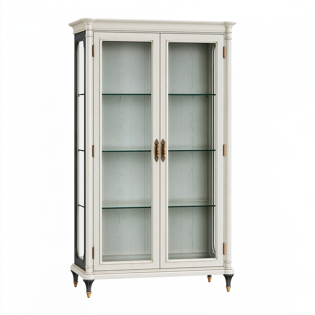 Vitrine 100 x 45 x 190 cm en bois blanc avec portes vitrées style classique