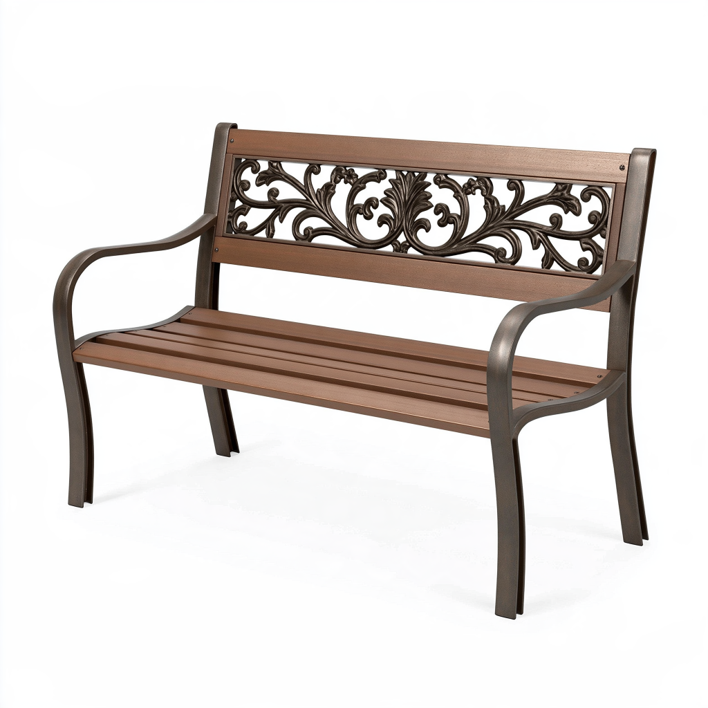 Banc de jardin 122 cm brun en métal et plastique décoratif à accoudoirs