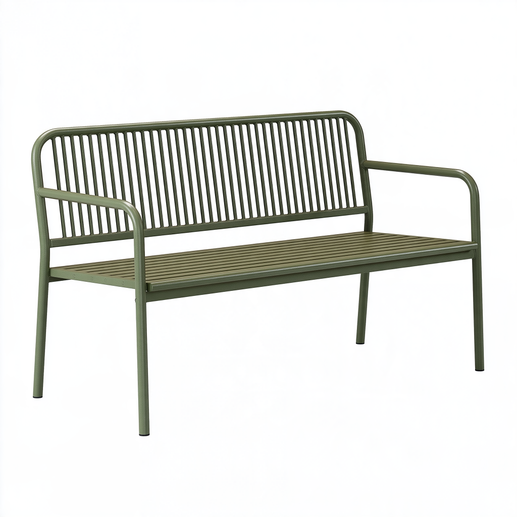 Banc de jardin 120 cm en métal vert kaki avec accoudoirs style contemporain
