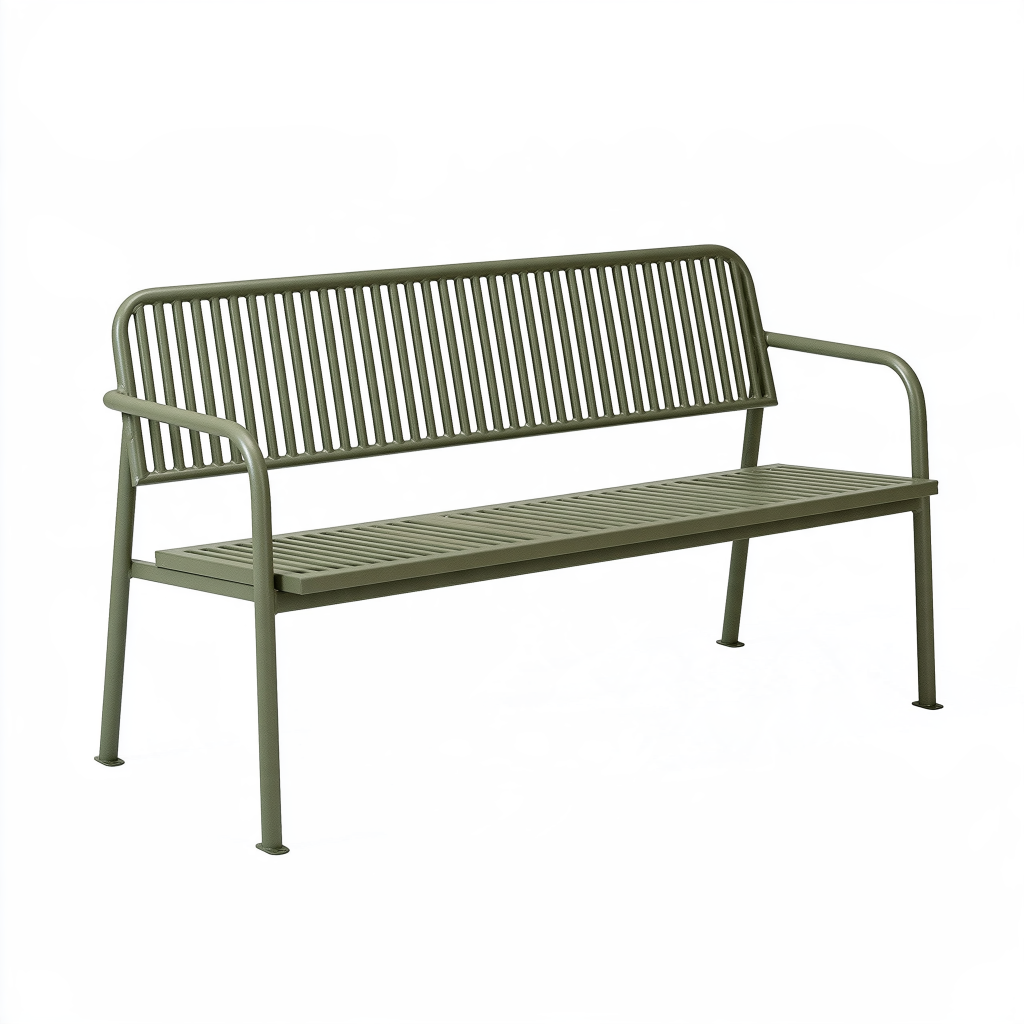 Banc de jardin 120 x 60 x 85 cm en métal vert olive à accoudoirs style contemporain