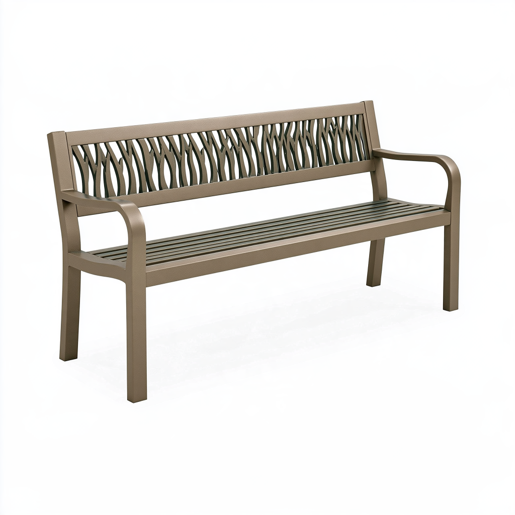 Banc de jardin 150 x 65 x 90 cm en métal taupe à dossier ajouré style contemporain